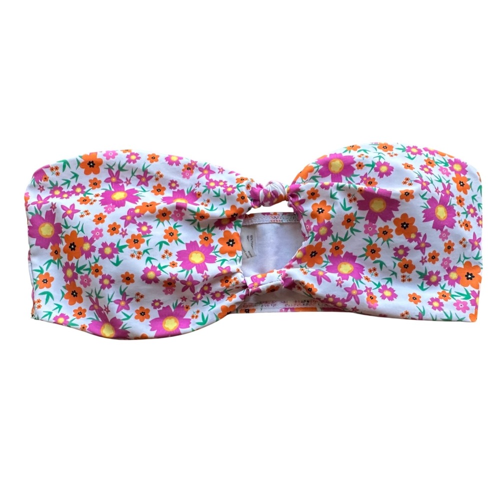 Retro Floral Bandeau Bikini Top Pink Orange Strapless Swim Knot Front Large